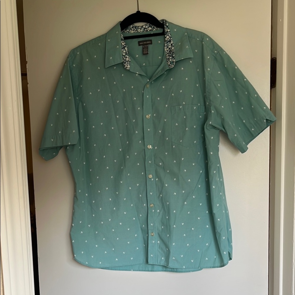 Men's Teal Palm Tree Short Sleeve Button Down